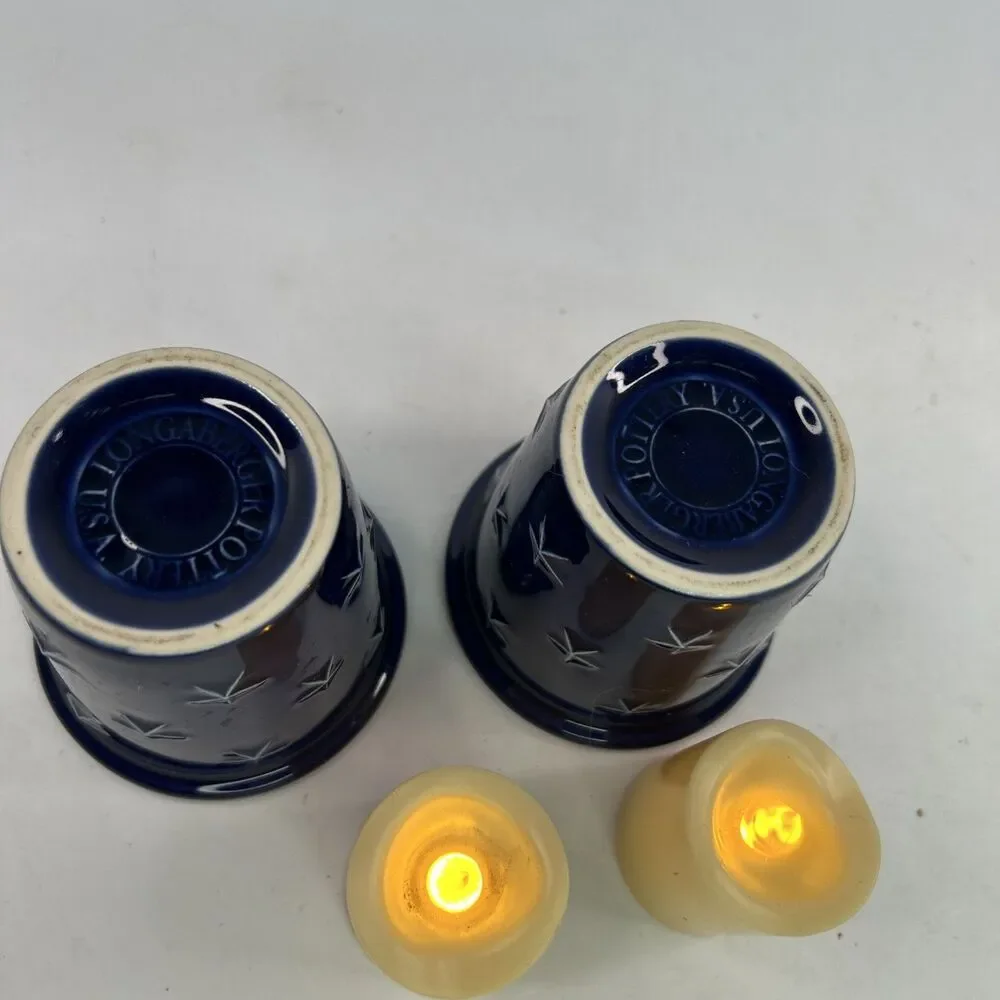 Longaberger Pottery Proudly American Star Votive Set Lot of 2 Cobalt Blue Stars